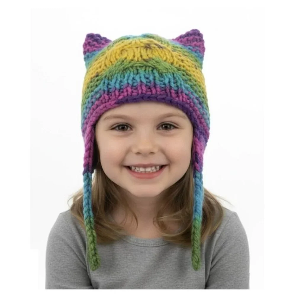 ⭐GIRL'S Handmade Striped Multicolor Knit Beanie Cat Ears Warm Winter Quirky Hat⭐